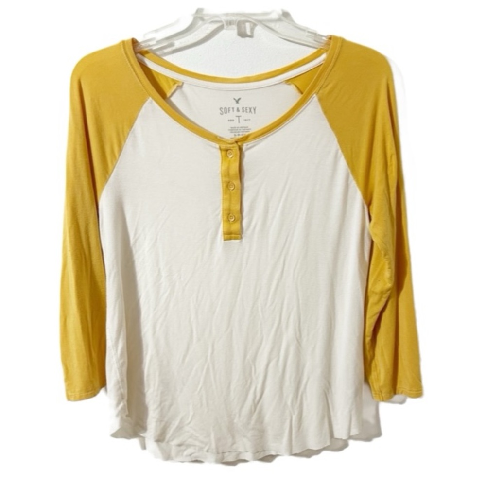 American Eagle Soft & Sexy Cream & Mustard Yellow Raglan Henley Top 3/4 Sleeves